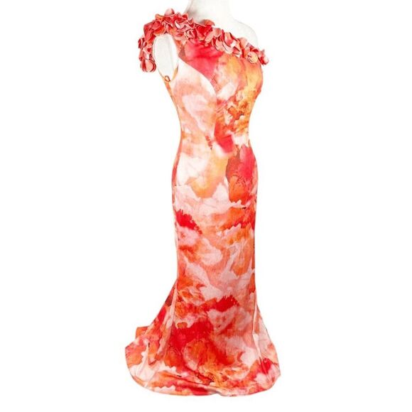 Rene Ruiz Collection One Shoulder 3D Applique Gown Fit Flare Dress Orange Size 2 - Picture 6 of 13